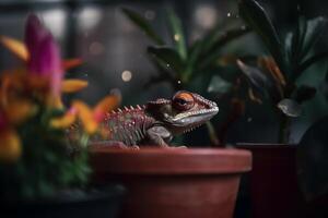 caméléon perché sur pot de fleur sur fenêtre seuil ai généré photo