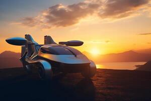 en volant voiture futuriste propulsé par l'IA véhicule planant à le coucher du soleil ai généré photo