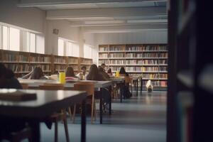 le brillant esprits de demain élèves apprentissage dans haute école bibliothèque ai généré photo