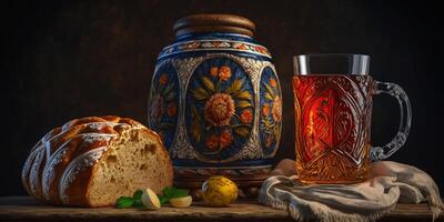 kvas, traditionnel russe boisson, d'or Jaune ai généré photo