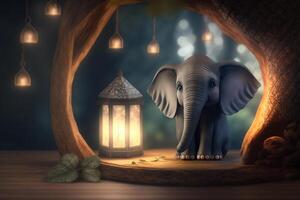 aventures dans le cabane dans les arbres mignonne l'éléphant avec lanterne ai généré photo