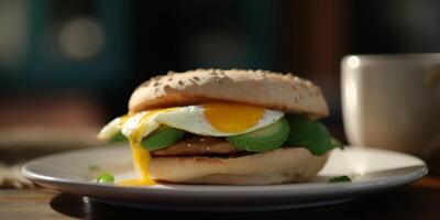 avocat, épinard et frit Oeuf sandwich sur une Frais brioche chignon ai généré photo