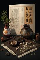 le art de traditionnel chinois médicament une afficher de guérison herbes ai généré photo