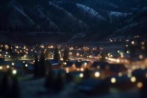 nuit vue de une ville niché dans une vallée au milieu de le montagnes ai généré photo
