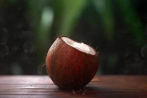 tranché noix de coco sur en bois table avec flou bokeh Contexte ai généré photo