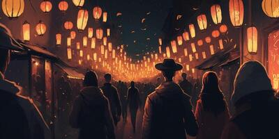 enchanté chinois lanterne Festival avec embrasé Orange lumières et foules de gens ai généré photo