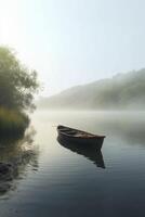 serein solitude une seul canot à rames sur une brumeux Matin Lac ai généré photo