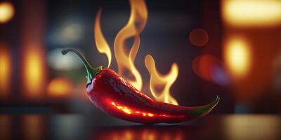 ardent rouge chaud le Chili poivre avec flammes et Feu illustration ai généré photo