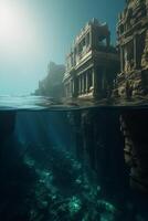 le mystique creux ville une à moitié immergé vue de atlantis dans cristal bleu des eaux ai généré photo