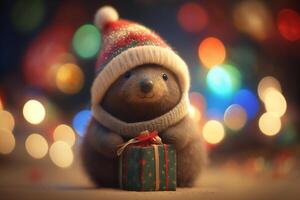 adorable Môle avec Noël chapeau et présent une bokeh vacances délice ai généré photo