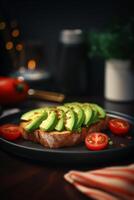 Avocat et tomate pain grillé avec Frais herbes et épices ai généré photo