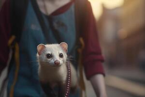 Urbain aventure une Jeune femme prise sa furet pour une marcher dans le ville ai généré photo