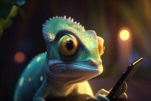 charmant caméléon vérification ses technologie une photoréaliste dessin animé lézard sur ses dispositif ai généré photo