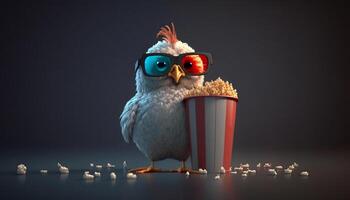 excité poulet avec 3d des lunettes et pop corn prêt pour une film nuit ai généré photo