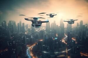 en volant voitures dans le ville une futuriste propulsé par l'IA concept illustration ai généré photo