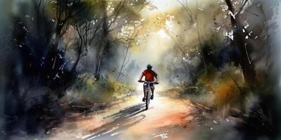 palpitant descente un abstrait aquarelle représentant une Montagne motard équitation vers le bas une chemin dans le forêt ai généré photo