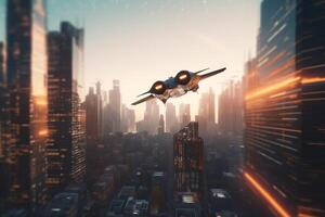 en volant voitures dans le ville une futuriste propulsé par l'IA concept illustration ai généré photo