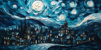 étoilé nuit dans le ville une van inspiré de gogh La peinture ai généré photo