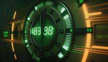 chronomètre de le futur extraterrestre symboles sur numérique afficher de temps capsule pendant temps Voyage ai généré photo