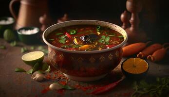 aromatique et épicé Sud Indien Rasam soupe avec Tamarin et Lentilles ai généré photo
