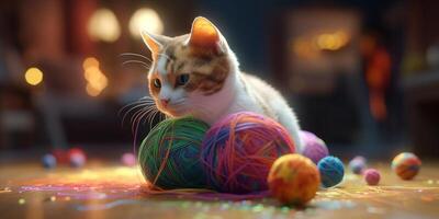 espiègle chat avec coloré la laine des balles ai généré photo