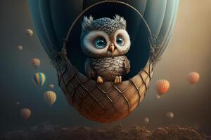 Jeune hibou est assis dans une panier de une chaud air ballon ai généré photo