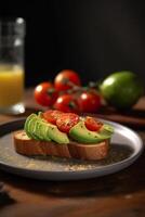 Avocat et tomate pain grillé avec Frais herbes et épices ai généré photo