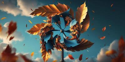 enfants Moulin à vent avec l'automne feuilles ai généré illustration photo