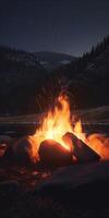confortable feu de camp dans le cœur de le Montagne région sauvage ai généré photo