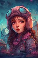 le en volant fille une mignonne pilote dans une rêveur bande dessinée monde ai généré photo