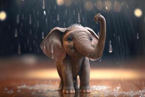 pluvieux journée amusement adorable peu l'éléphant en jouant dans le pluie torrentielle ai généré photo