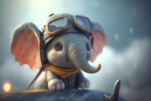 en volant haute avec le adorable peu l'éléphant pilote au dessus le des nuages ai généré photo