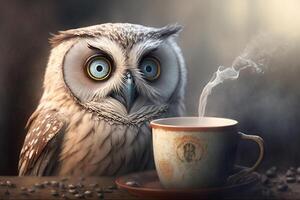 hibou avec gros yeux les boissons café ai généré photo