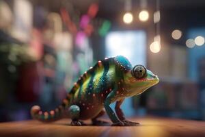 coloré caméléon sur boutique compteur avec flou intérieur conception dans Contexte ai généré photo