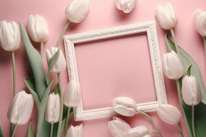 vide blanc image Cadre avec rose tulipes sur une rose Contexte ai généré photo