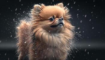 une sucré poméranien chien séance dans le pluie, tremblement de le gouttes de pluie ai généré photo