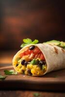 copieux petit déjeuner burrito avec brouillé œufs, légumes, et des haricots ai généré photo