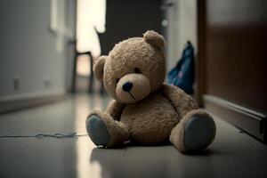 triste solitaire nounours ours mensonge sur le sol symbole de abuser de victimes ai généré photo