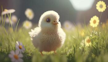 adorable Jeune poussin sur une printemps fleur champ ai généré photo