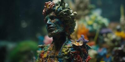 incrusté de corail ancien sculpture tête dans sous-marin réglage ai généré photo