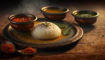 fumant idlis contre une foncé Contexte une délicieux Indien plat ai généré photo