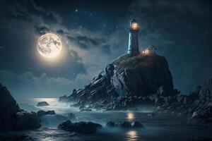 illustration de une phare sur le côte à nuit avec lune et réflexion ai généré photo