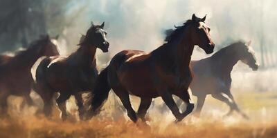 pâturage les chevaux sur une sépia Prairie un aquarelle La peinture ai généré photo