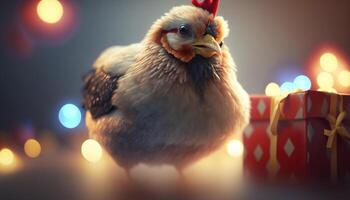 à plumes Père Noël une poulet avec une Noël présent ai généré photo