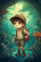 explorant une magique jungle avec fantastique créatures une Jeune garçon comme tropical aventurier dans une style comique numérique La peinture ai généré photo