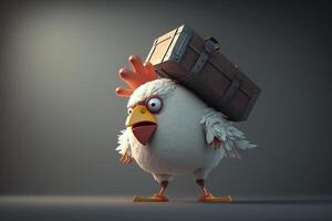 le fort poulet porter une lourd en bois Caisse avec détermination ai généré photo