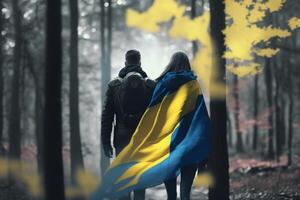 liberté dans le les bois ukrainien couple avec drapeau en marchant main dans main ai généré photo