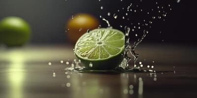 rafraîchissant citron vert l'eau éclaboussure avec bokeh effet, ai illustration ai généré photo