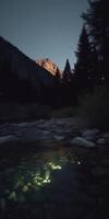 la nuit Montagne courant avec réfléchissant lune et lumière des étoiles sur brillant des pierres ai généré photo