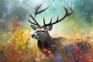 une majestueux cerf dans le brumeux l'automne Prairie une aquarelle La peinture ai généré photo